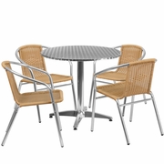 31.5'' ROUND ALUMINUM INDOOR-OUTDOOR TABLE SET WITH 4 BEIGE RATTAN CHAIRS <font color=green>FREE SHIPPING!</font>