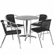 31.5'' ROUND ALUMINUM INDOOR-OUTDOOR TABLE SET WITH 4 BLACK RATTAN CHAIRS <font color=green>FREE SHIPPING!</font>