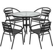 31.5'' ROUND GLASS METAL TABLE WITH 4 BLACK METAL ALUMINUM SLAT STACK CHAIRS: <font color=green>FREE SHIPPING!</font> 31.5'' ROUND GLASS METAL TABLE WITH 4 BLACK METAL ALUMINUM SLAT STACK CHAIRS: <font color=green>FREE SHIPPING!</font>