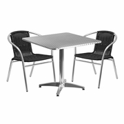 31.5'' SQUARE ALUMINUM INDOOR-OUTDOOR TABLE SET WITH 2 BLACK RATTAN CHAIRS: <font color=green>FREE SHIPPING!</font>