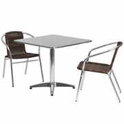 31.5'' SQUARE ALUMINUM INDOOR-OUTDOOR TABLE SET WITH 2 DARK BROWN RATTAN CHAIRS: <font color=green>FREE SHIPPING!</font>