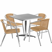 31.5'' SQUARE ALUMINUM INDOOR-OUTDOOR TABLE SET WITH 4 BEIGE RATTAN CHAIRS: <font color=green>FREE SHIPPING!</font>