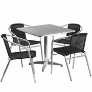 31.5'' SQUARE ALUMINUM INDOOR-OUTDOOR TABLE SET WITH 4 BLACK RATTAN CHAIRS: <font color=green>FREE SHIPPING!</font>