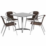 31.5'' SQUARE ALUMINUM INDOOR-OUTDOOR TABLE SET WITH 4 DARK BROWN RATTAN CHAIRS: <font color=green>FREE SHIPPING!</font>