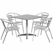 31.5'' SQUARE ALUMINUM INDOOR-OUTDOOR TABLE SET WITH 4 SLAT BACK CHAIRS: <font color=green>FREE SHIPPING!</font>
