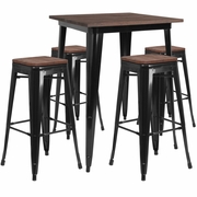 31.5" SQUARE BLACK METAL BAR TABLE SET WITH WOOD TOP AND 4 BACKLESS STOOLS: <font color=green>FREE SHIPPING!</font>