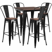 31.5" SQUARE BLACK METAL BAR TABLE SET WITH WOOD TOP AND 4 STOOLS <font color=green>FREE SHIPPING!</font>
