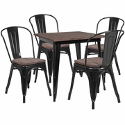 31.5" SQUARE BLACK METAL TABLE SET WITH WOOD TOP AND 4 STACK CHAIRS: <font color=green>FREE SHIPPING!</font>