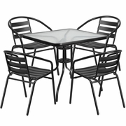 31.5'' SQUARE GLASS METAL TABLE WITH 4 BLACK METAL ALUMINUM SLAT STACK CHAIRS: <font color=green>FREE SHIPPING!</font>