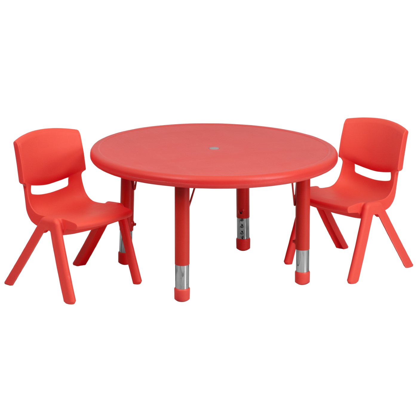 33'' ROUND RED PLASTIC HEIGHT ADJUSTABLE ACTIVITY TABLE SET WITH 2 CHAIRS: <font color=green>FREE SHIPPING!</font> 33'' ROUND RED PLASTIC HEIGHT ADJUSTABLE ACTIVITY TABLE SET WITH 2 CHAIRS: <font color=green>FREE SHIPPING!</font>