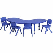 35''W X 65''L HALF-MOON BLUE PLASTIC HEIGHT ADJUSTABLE ACTIVITY TABLE SET WITH 4 CHAIRS <font color=green>FREE SHIPPING!</font> 35''W X 65''L HALF-MOON BLUE PLASTIC HEIGHT ADJUSTABLE ACTIVITY TABLE SET WITH 4 CHAIRS <font color=green>FREE SHIPPING!</font>