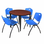 36 IN. ROUND BREAKROOM TABLE- CHERRY TOP, BLACK BASE & 4 M STACK CHAIRS- BLUE <FONT COLOR=GREEN>-FREE SHIPPING-</FONT>