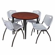 36 IN. ROUND BREAKROOM TABLE- CHERRY TOP, BLACK BASE & 4 M STACK CHAIRS- GREY <FONT COLOR=GREEN>-FREE SHIPPING-</FONT>
