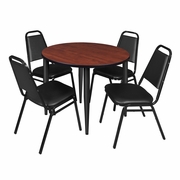36 IN. ROUND BREAKROOM TABLE- CHERRY TOP, BLACK BASE & 4 RESTAURANT STACK CHAIRS- BLACK <FONT COLOR=GREEN>-FREE SHIPPING-</FONT>