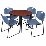 36 IN. ROUND BREAKROOM TABLE- CHERRY TOP, BLACK BASE & 4 STACK CHAIRS- BLUE <FONT COLOR=GREEN>-FREE SHIPPING-</FONT>