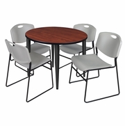 36 IN. ROUND BREAKROOM TABLE- CHERRY TOP, BLACK BASE & 4 STACK CHAIRS- GREY <FONT COLOR=GREEN>-FREE SHIPPING-</FONT>