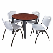 36 IN ROUND BREAKROOM TABLE- CHERRY TOP, BLACK LEGS, 4 M STACK CHAIRS- GREY <FONT COLOR=GREEN>-FREE SHIPPING-</FONT>