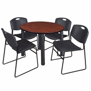 36 IN ROUND BREAKROOM TABLE- CHERRY TOP, BLACK LEGS, 4 STACK CHAIRS- BLACK <FONT COLOR=GREEN>-FREE SHIPPING-</FONT>