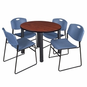 36 IN ROUND BREAKROOM TABLE- CHERRY TOP, BLACK LEGS, 4 STACK CHAIRS- BLUE <FONT COLOR=GREEN>-FREE SHIPPING-</FONT>