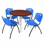36 IN. ROUND BREAKROOM TABLE- CHERRY TOP, CHROME BASE & 4 M STACK CHAIRS- BLUE <FONT COLOR=GREEN>-FREE SHIPPING-</FONT>