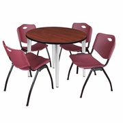 36 IN. ROUND BREAKROOM TABLE- CHERRY TOP, CHROME BASE & 4 M STACK CHAIRS- BURGUNDY <FONT COLOR=GREEN>-FREE SHIPPING-</FONT>