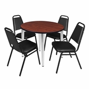 36 IN. ROUND BREAKROOM TABLE- CHERRY TOP, CHROME BASE & 4 RESTAURANT STACK CHAIRS- BLACK <FONT COLOR=GREEN>-FREE SHIPPING-</FONT>