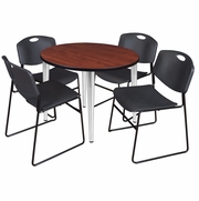 36 IN. ROUND BREAKROOM TABLE- CHERRY TOP, CHROME BASE & 4 STACK CHAIRS- BLACK <FONT COLOR=GREEN>-FREE SHIPPING-</FONT>