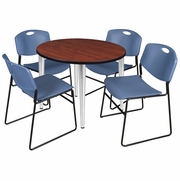 36 IN. ROUND BREAKROOM TABLE- CHERRY TOP, CHROME BASE & 4 STACK CHAIRS- BLUE <FONT COLOR=GREEN>-FREE SHIPPING-</FONT>