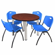 36 IN ROUND BREAKROOM TABLE- CHERRY TOP, CHROME LEGS, 4 M STACK CHAIRS- BLUE <FONT COLOR=GREEN>-FREE SHIPPING-</FONT>