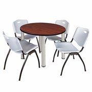 36 IN ROUND BREAKROOM TABLE- CHERRY TOP, CHROME LEGS, 4 M STACK CHAIRS- GREY <FONT COLOR=GREEN>-FREE SHIPPING-</FONT>