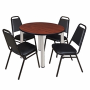 36 IN ROUND BREAKROOM TABLE- CHERRY TOP, CHROME LEGS, 4 RESTAURANT STACK CHAIRS <FONT COLOR=GREEN>-FREE SHIPPING-</FONT>