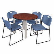 36 IN ROUND BREAKROOM TABLE- CHERRY TOP, CHROME LEGS, 4 STACK CHAIRS- BLUE <FONT COLOR=GREEN>-FREE SHIPPING-</FONT>