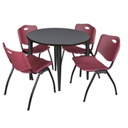 36 IN. ROUND BREAKROOM TABLE- GREY TOP, BLACK BASE & 4 M STACK CHAIRS- BURGUNDY <FONT COLOR=GREEN>-FREE SHIPPING-</FONT>