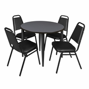 36 IN. ROUND BREAKROOM TABLE- GREY TOP, BLACK BASE & 4 RESTAURANT STACK CHAIRS- BLACK <FONT COLOR=GREEN>-FREE SHIPPING-</FONT>