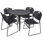 36 IN. ROUND BREAKROOM TABLE- GREY TOP, BLACK BASE & 4 STACK CHAIRS- BLACK <FONT COLOR=GREEN>-FREE SHIPPING-</FONT>