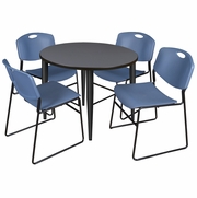 36 IN. ROUND BREAKROOM TABLE- GREY TOP, BLACK BASE & 4 STACK CHAIRS- BLUE <FONT COLOR=GREEN>-FREE SHIPPING-</FONT>