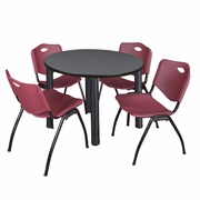 36 IN ROUND BREAKROOM TABLE- GREY TOP, BLACK LEGS, 4 M STACK CHAIRS- BURGUNDY <FONT COLOR=GREEN>-FREE SHIPPING-</FONT>