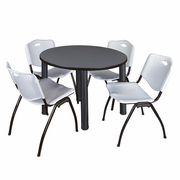 36 IN ROUND BREAKROOM TABLE- GREY TOP, BLACK LEGS, 4 M STACK CHAIRS- GREY <FONT COLOR=GREEN>-FREE SHIPPING-</FONT>
