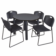 36 IN ROUND BREAKROOM TABLE- GREY TOP, BLACK LEGS, 4 STACK CHAIRS- BLACK <FONT COLOR=GREEN>-FREE SHIPPING-</FONT>