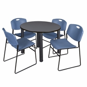 36 IN ROUND BREAKROOM TABLE- GREY TOP, BLACK LEGS, 4 STACK CHAIRS- BLUE <FONT COLOR=GREEN>-FREE SHIPPING-</FONT>