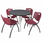 36 IN. ROUND BREAKROOM TABLE- GREY TOP, CHROME BASE & 4 M STACK CHAIRS- BURGUNDY <FONT COLOR=GREEN>-FREE SHIPPING-</FONT>