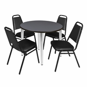36 IN. ROUND BREAKROOM TABLE- GREY TOP, CHROME BASE & 4 RESTAURANT STACK CHAIRS- BLACK <FONT COLOR=GREEN>-FREE SHIPPING-</FONT>