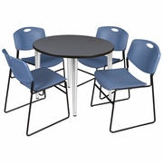 36 IN. ROUND BREAKROOM TABLE- GREY TOP, CHROME BASE & 4 STACK CHAIRS- BLUE <FONT COLOR=GREEN>-FREE SHIPPING-</FONT>