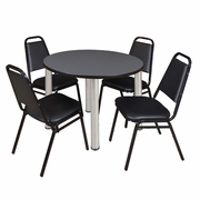 36 IN ROUND BREAKROOM TABLE- GREY TOP, CHROME LEGS, 4 RESTAURANT STACK CHAIRS <FONT COLOR=GREEN>-FREE SHIPPING-</FONT>