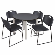 36 IN ROUND BREAKROOM TABLE- GREY TOP, CHROME LEGS, 4 STACK CHAIRS- BLACK <FONT COLOR=GREEN>-FREE SHIPPING-</FONT>