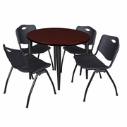 36 IN. ROUND BREAKROOM TABLE- MAHOGANY TOP, BLACK BASE & 4 M STACK CHAIRS- BLACK <FONT COLOR=GREEN>-FREE SHIPPING-</FONT>