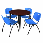 36 IN. ROUND BREAKROOM TABLE- MAHOGANY TOP, BLACK BASE & 4 M STACK CHAIRS- BLUE <FONT COLOR=GREEN>-FREE SHIPPING-</FONT>