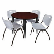 36 IN. ROUND BREAKROOM TABLE- MAHOGANY TOP, BLACK BASE & 4 M STACK CHAIRS- GREY <FONT COLOR=GREEN>-FREE SHIPPING-</FONT>