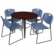 36 IN. ROUND BREAKROOM TABLE- MAHOGANY TOP, BLACK BASE & 4 STACK CHAIRS- BLUE <FONT COLOR=GREEN>-FREE SHIPPING-</FONT>