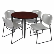 36 IN. ROUND BREAKROOM TABLE- MAHOGANY TOP, BLACK BASE & 4 STACK CHAIRS- GREY <FONT COLOR=GREEN>-FREE SHIPPING-</FONT>